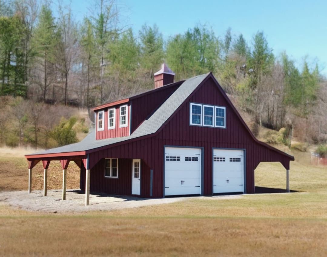 Custom Amish-built garage barn with lean-to